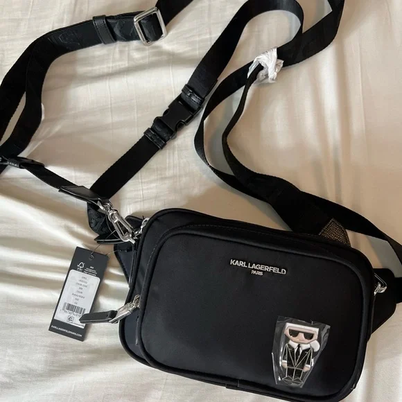 KARL LAGERFELD ブラックレザーベルト DISK black belt with logo buckle brand Karl Lagerfeld